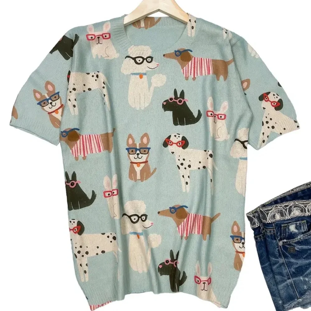 949. Casual Knitted Crew Neck Short Sleeve Sweater, Cartoon Dog Print, - Picture 3 of 3